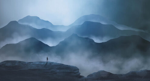 Man silhouette standing in mountain landscape with fog and moody sky. Texture dark digital painting, 3D rendering