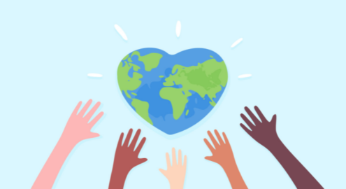 Hands reaching up to touch a heart-shaped globe